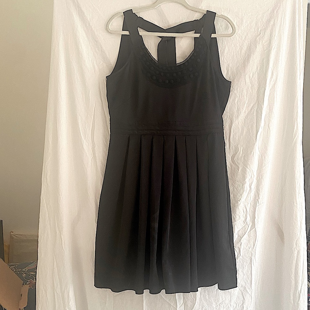 Empire Waist Sleeveless Black Dress w/ Halter Neck and Button Detail on Collar